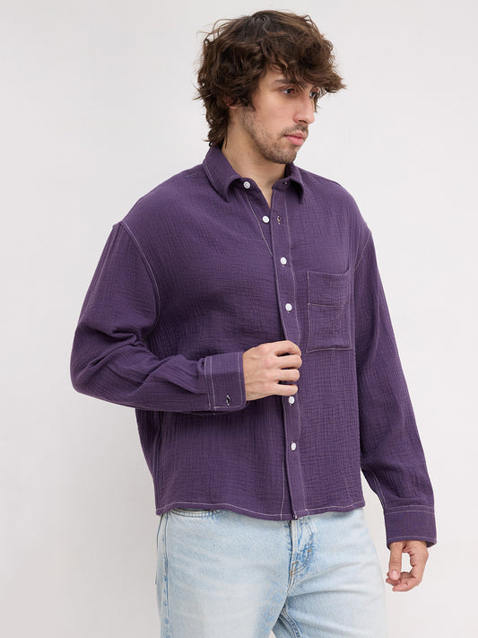 Aubergine Purple Contrast Stitch Double Cloth Boxy Fit Crop Shirt