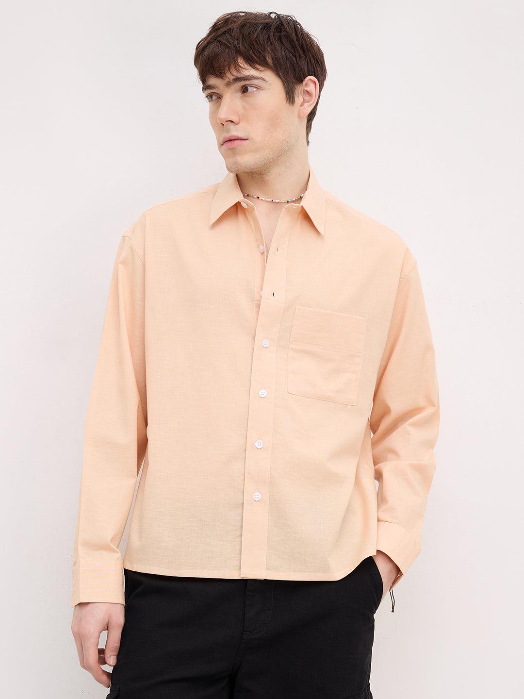 Soft Blush Peach Fine Textured Boxy Fit Crop Shirt
