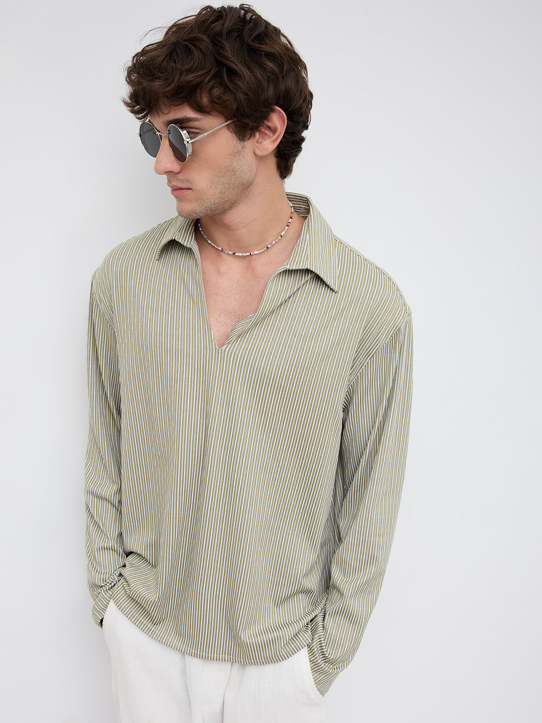 Classic Green Rib Striped Oversized Polo Shirt