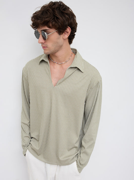 Classic Green Rib Striped Oversized Polo Shirt