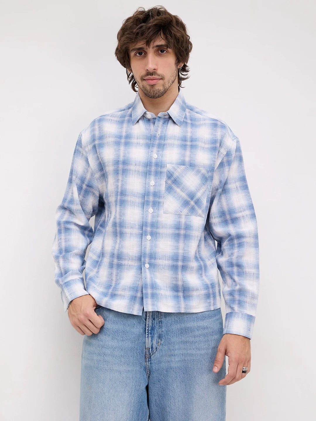 Blue Shadow Checks Handloom Effect Boxy Fit Crop Shirt