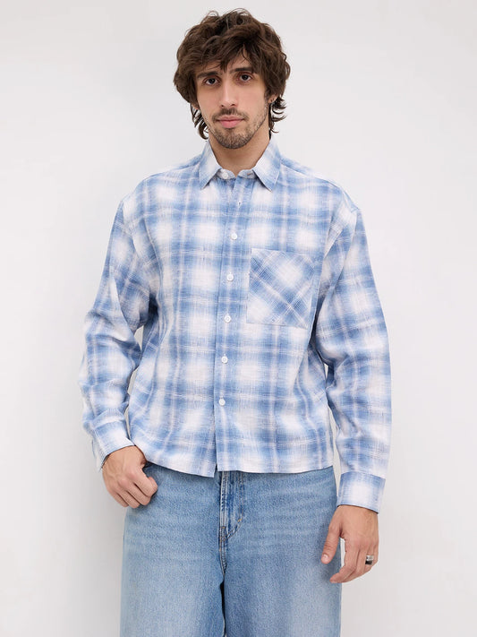 Blue Shadow Checks Handloom Effect Boxy Fit Crop Shirt