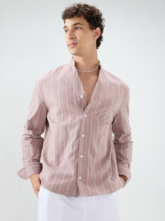 Deep Pastel Peach Striped Linen Blend Stand Collar Oversized Shirt