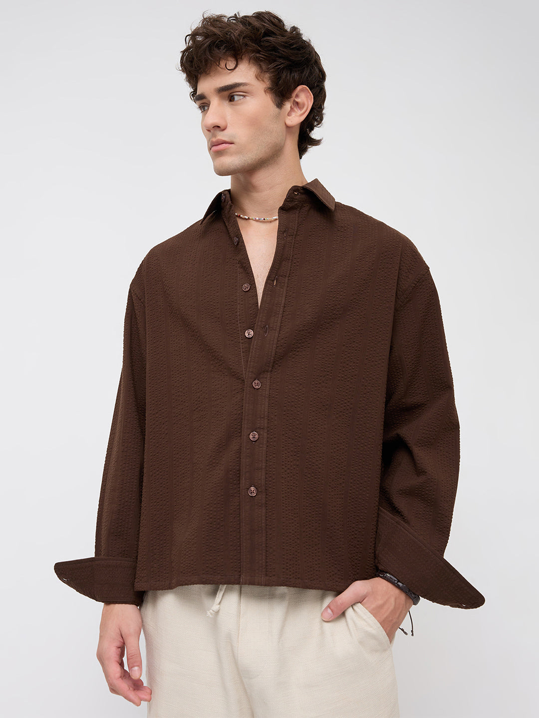 Espresso Brown Seersucker Boxy Fit Crop Shirt