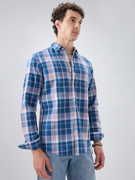 Denim Blue & Peach Multi Line Block Checks Shirt