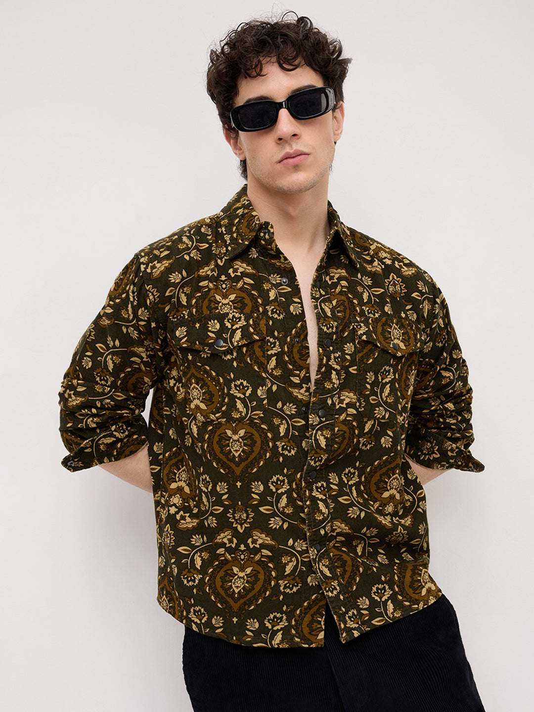 Olive Floral Paisley Printed Double Pocket Corduroy Shirt