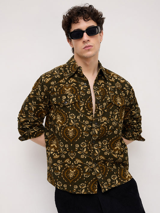 Olive Floral Paisley Printed Double Pocket Corduroy Shirt