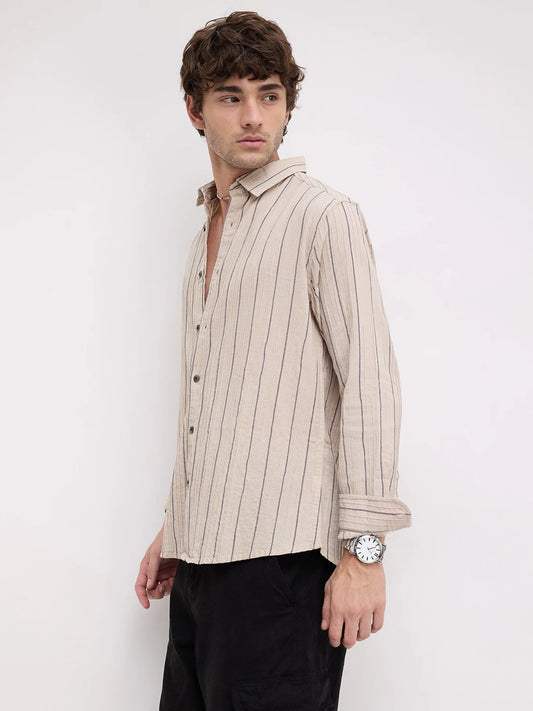 Intricate Beige & Navy Raised Striped Shirt