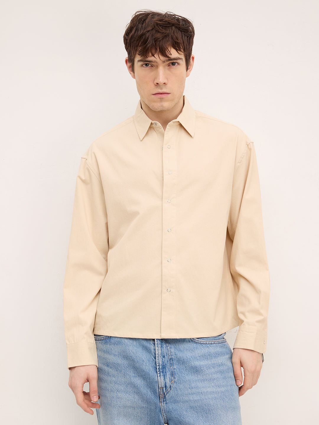 Luxe Bisque Beige Boxy Fit Crop Corduroy Shirt