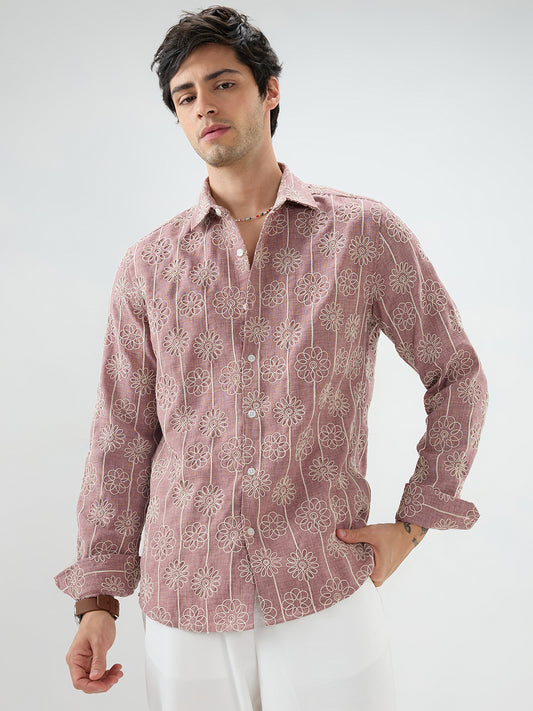 Turkish Rose Pink Floral Embroidered Slub Shirt