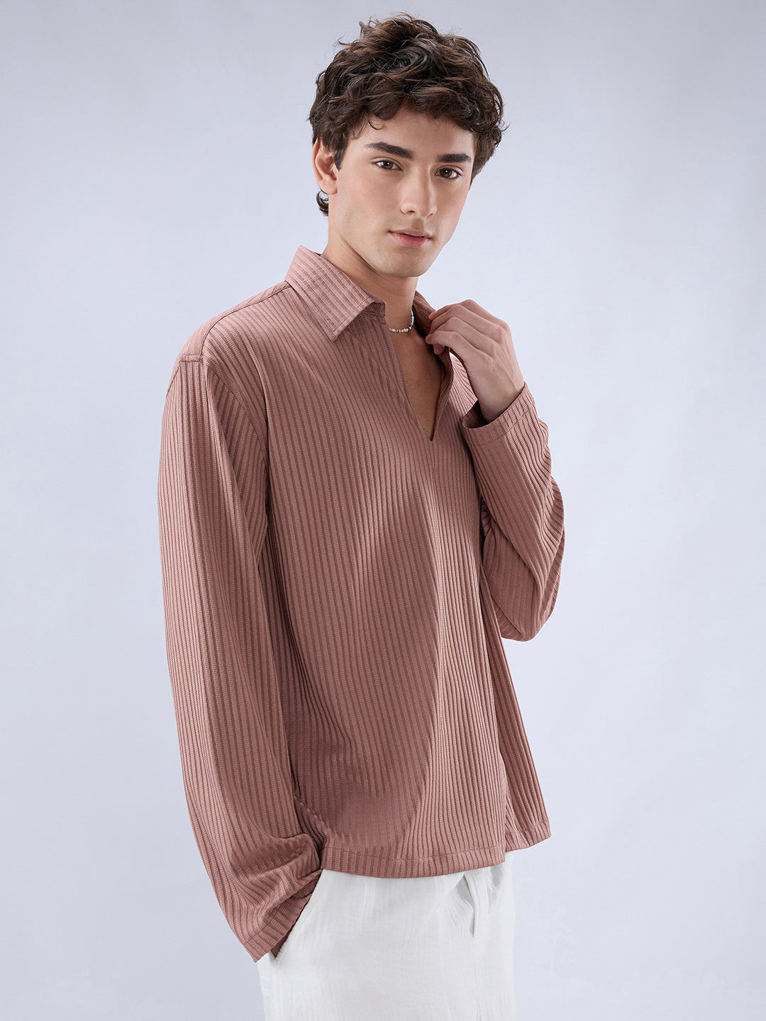 Warm Peach Dual Weave Striped Oversized Polo Knit Shirt