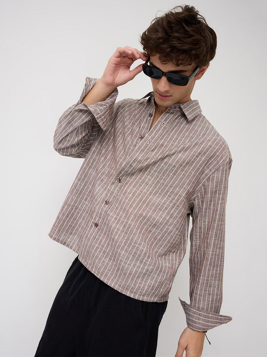 Brown & Ivory Striped Boxy Fit Crop Shirt