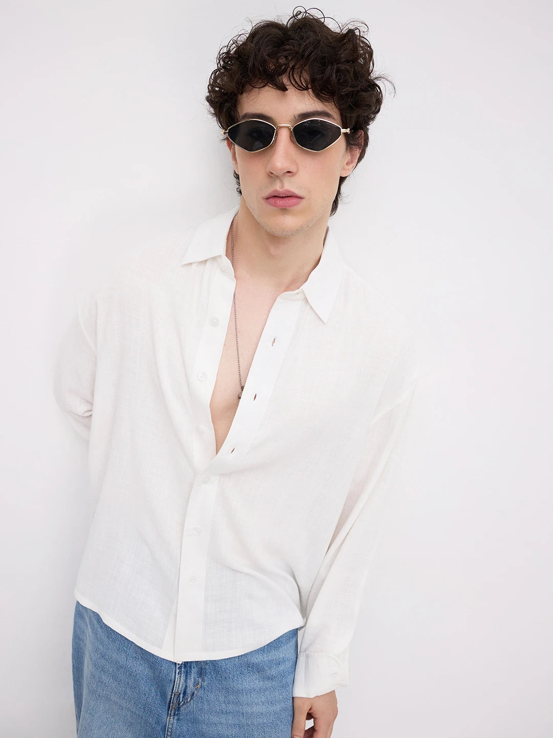 Pearl White Grid Textured Boxy Fit Crop Shirt