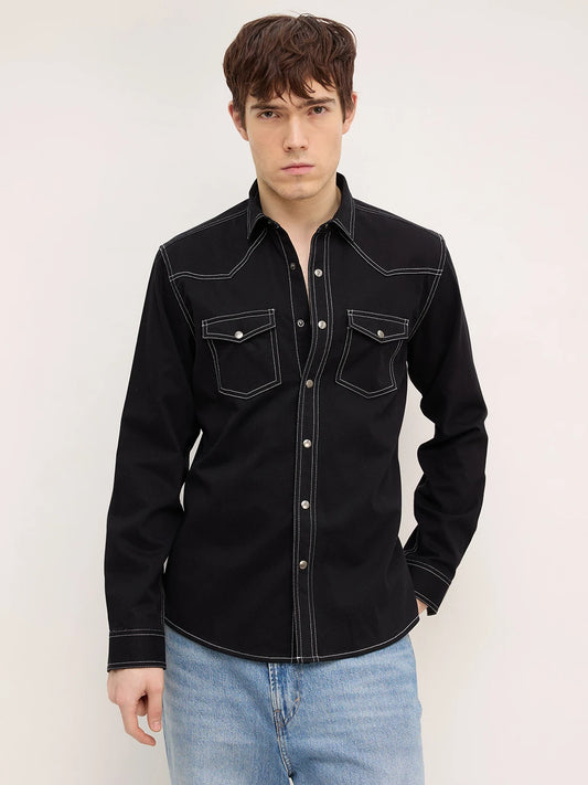 Nightfall Black Contrast Stitch Twin Pocket Overshirt