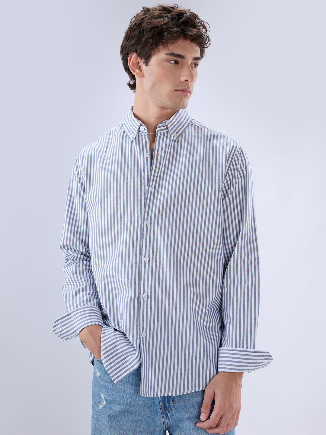 Navy Oxford Vertical Striped Button Down Collar Shirt