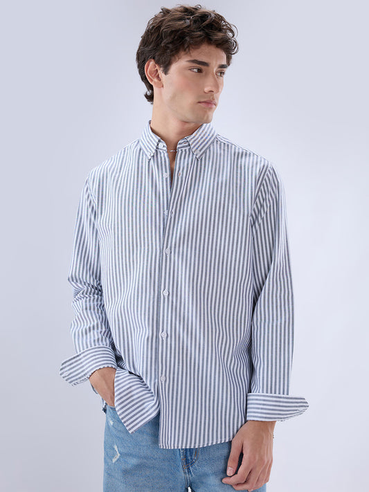 Navy Oxford Vertical Striped Button Down Collar Shirt