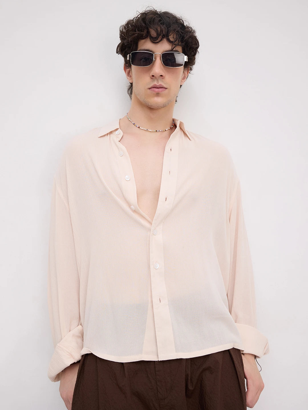 Soft Pastel Beige Crepe Textured Boxy Fit Shirt