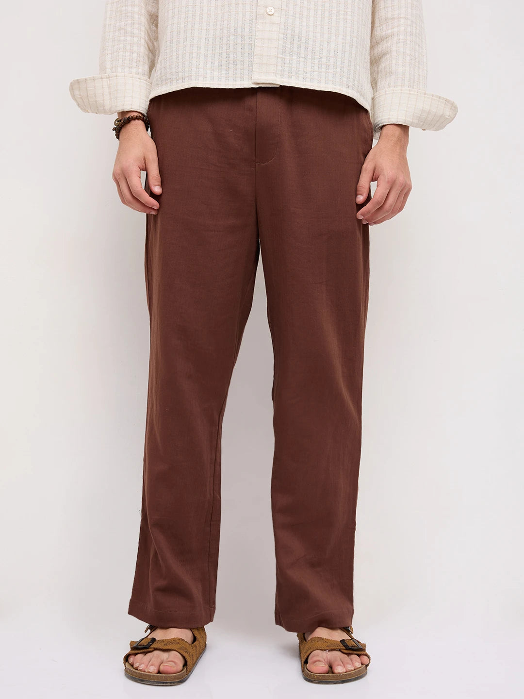 Coffee Brown Fine Herringbone Textured Straight Fit Trousers
