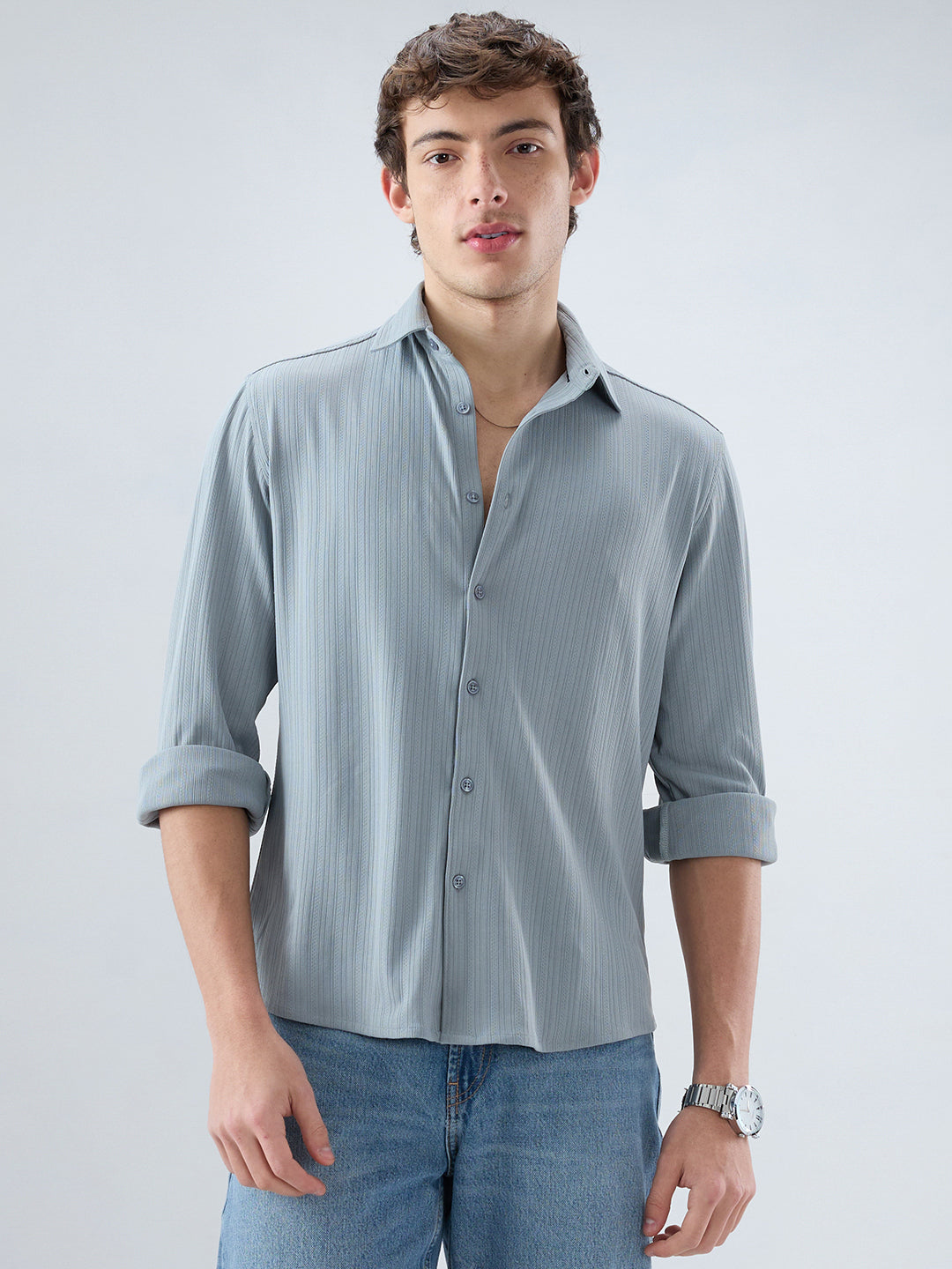 Classic Grey Fine Vertical Ribbed Knitted Shirt