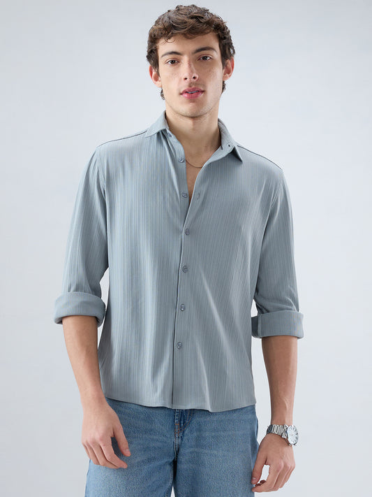 Classic Grey Fine Vertical Ribbed Knitted Shirt