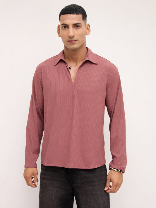 Cordovan Maroon Striped Oversized Polo Knit Shirt