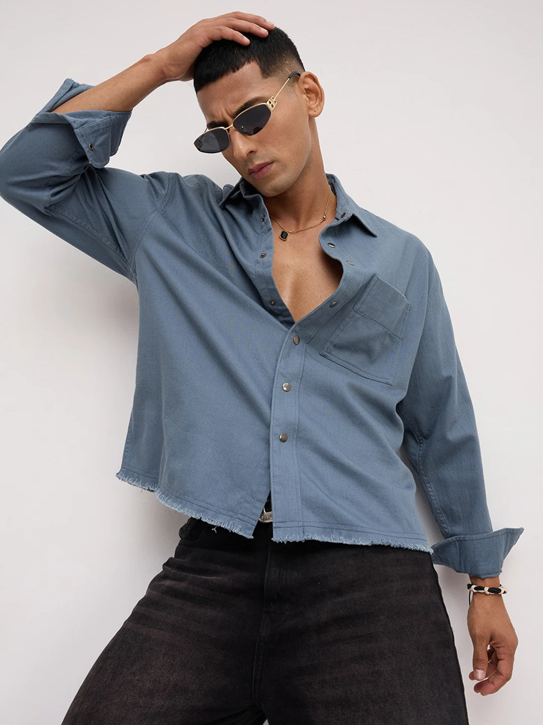Spruce Blue Fine Textured Boxy Fit Crop Overshirt