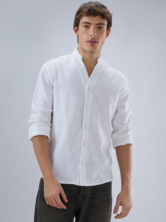 Soft Snow White Diagonal Textured Stand Collar Oversized Shirt