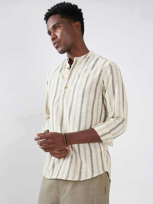 Natural Ivory Grey Loom Striped Kurta