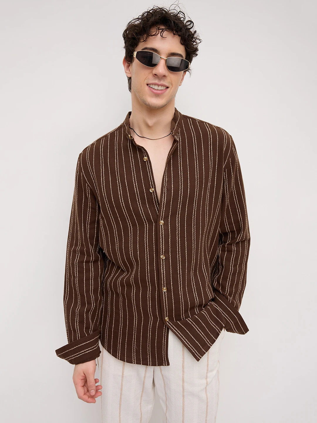 Brown & Beige Embroidered Striped Mandarin Shirt