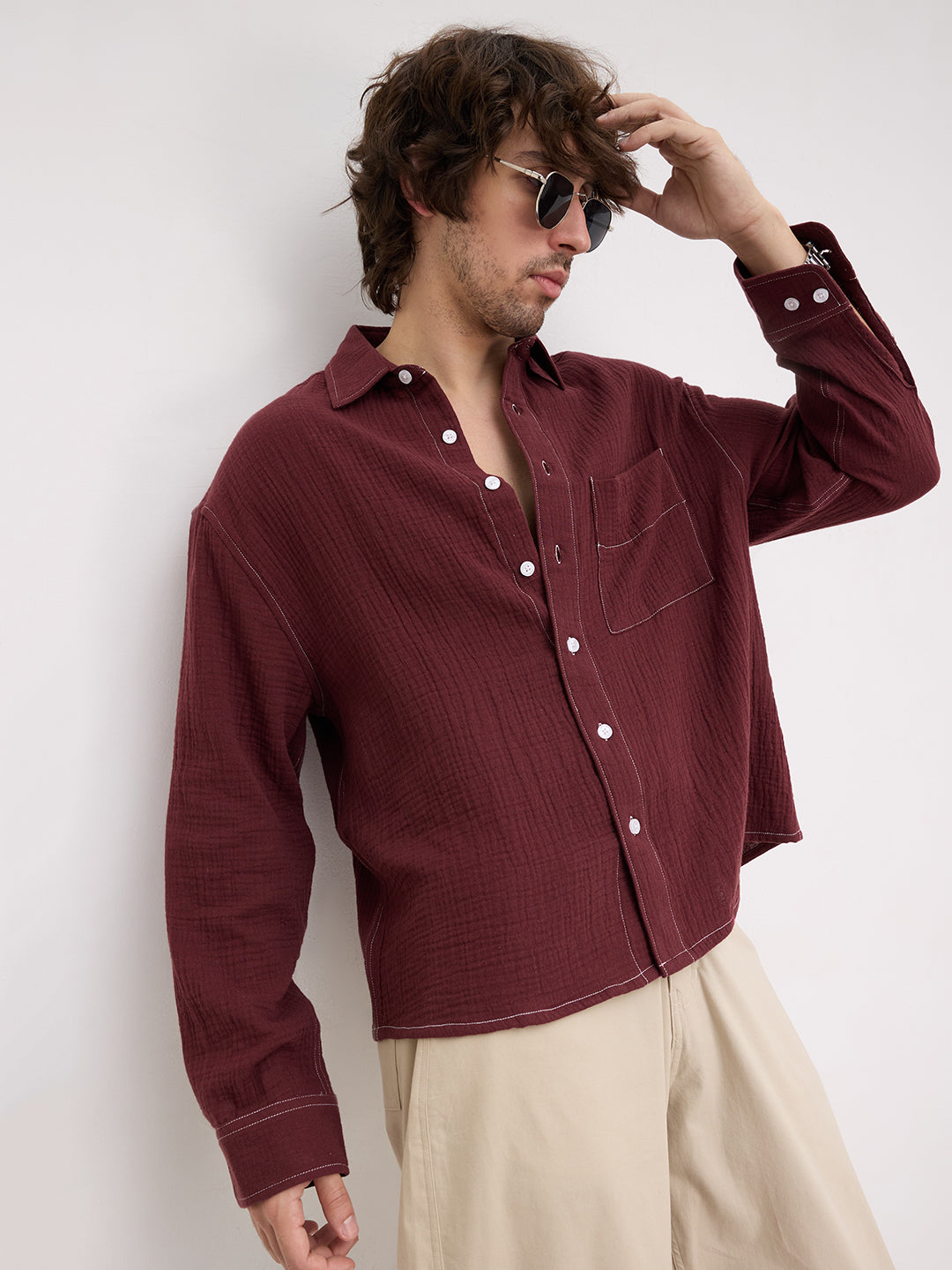Solid Maroon Double Cloth Boxy Fit Crop Shirt
