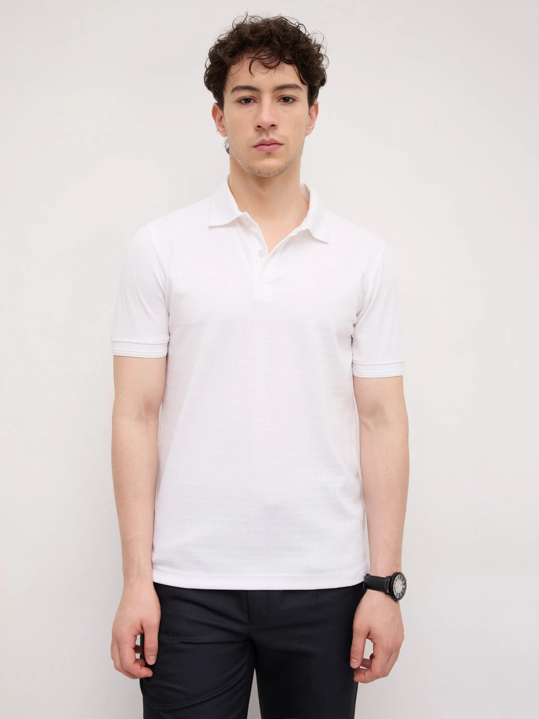 Cloud White Checks Weave Polo Tee