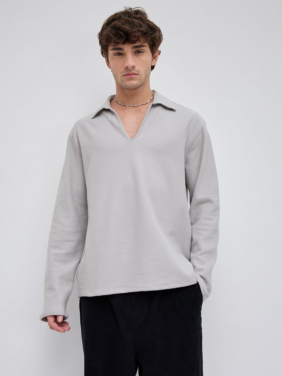 Grey Honeycomb Textured Knitted Oversized Polo Shirt
