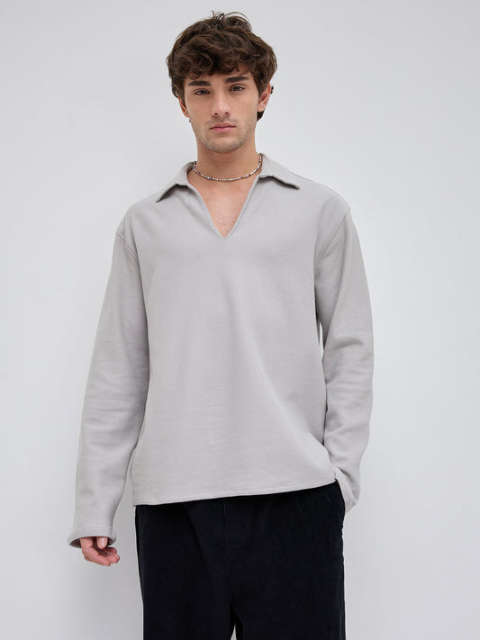Grey Honeycomb Textured Knitted Oversized Polo Shirt