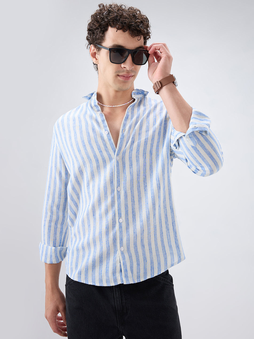Blue & Ivory Balanced Striped Linen Blend Shirt