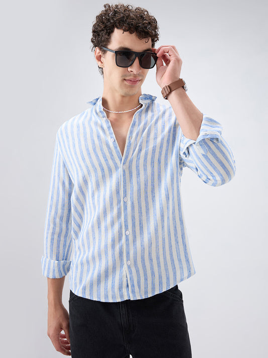 Blue & Ivory Balanced Striped Linen Blend Shirt