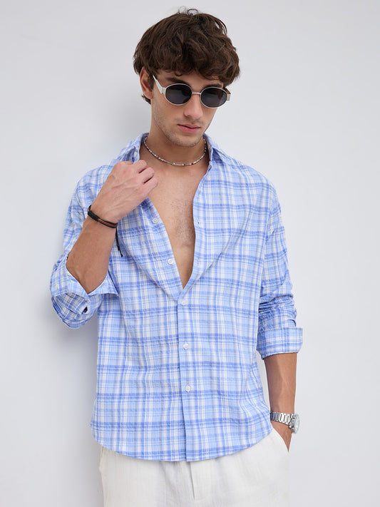 Classic Blue & White Balanced Seersucker Checks Shirt