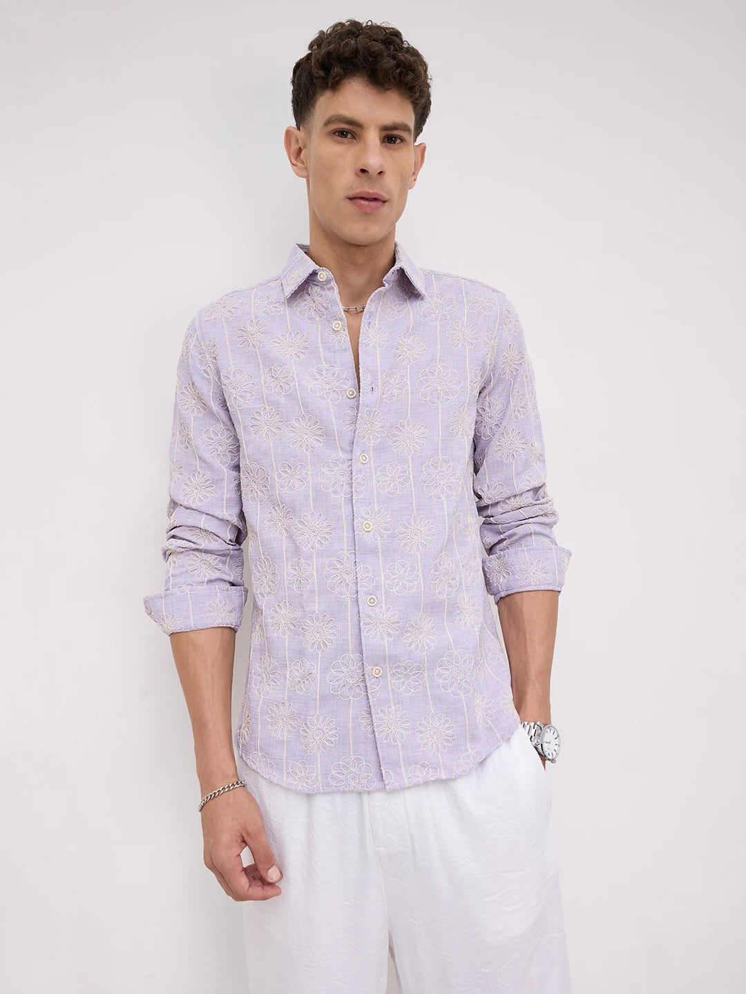 Soft Lilac Floral Embroidered Slub Shirt