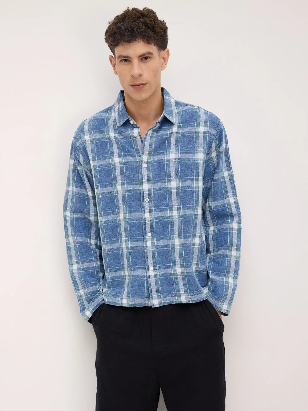 Timeless Denim Plaid Checks Cuffless Oversized Shirt