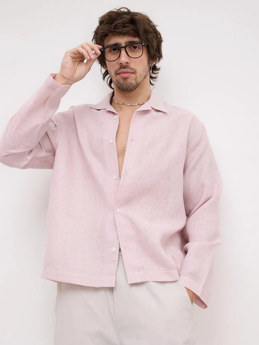 Blush Pink Fine Textured Notch Collar Oversized Shirt