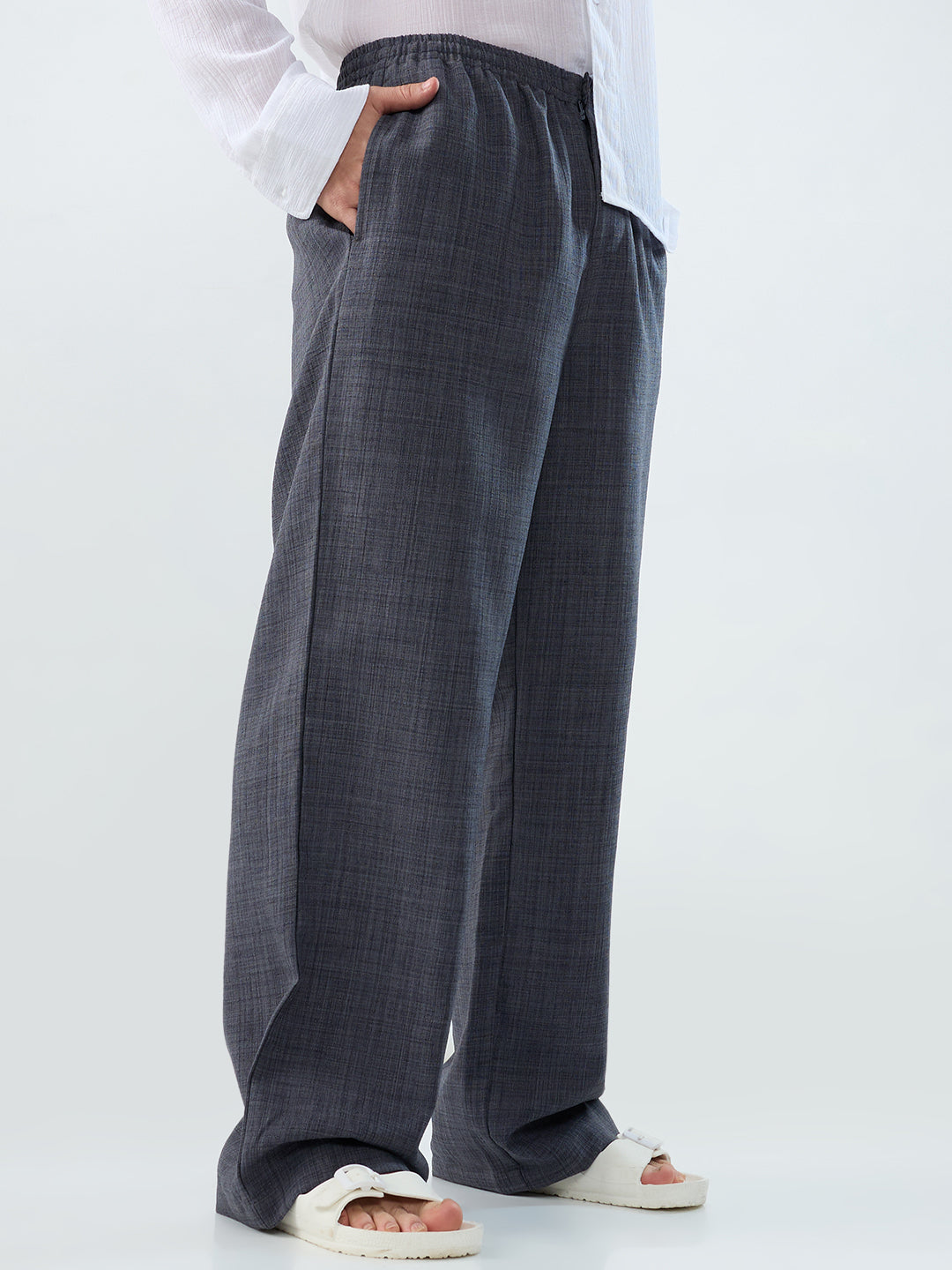 Charcoal Grey Slub Textured Wide-Leg Trousers