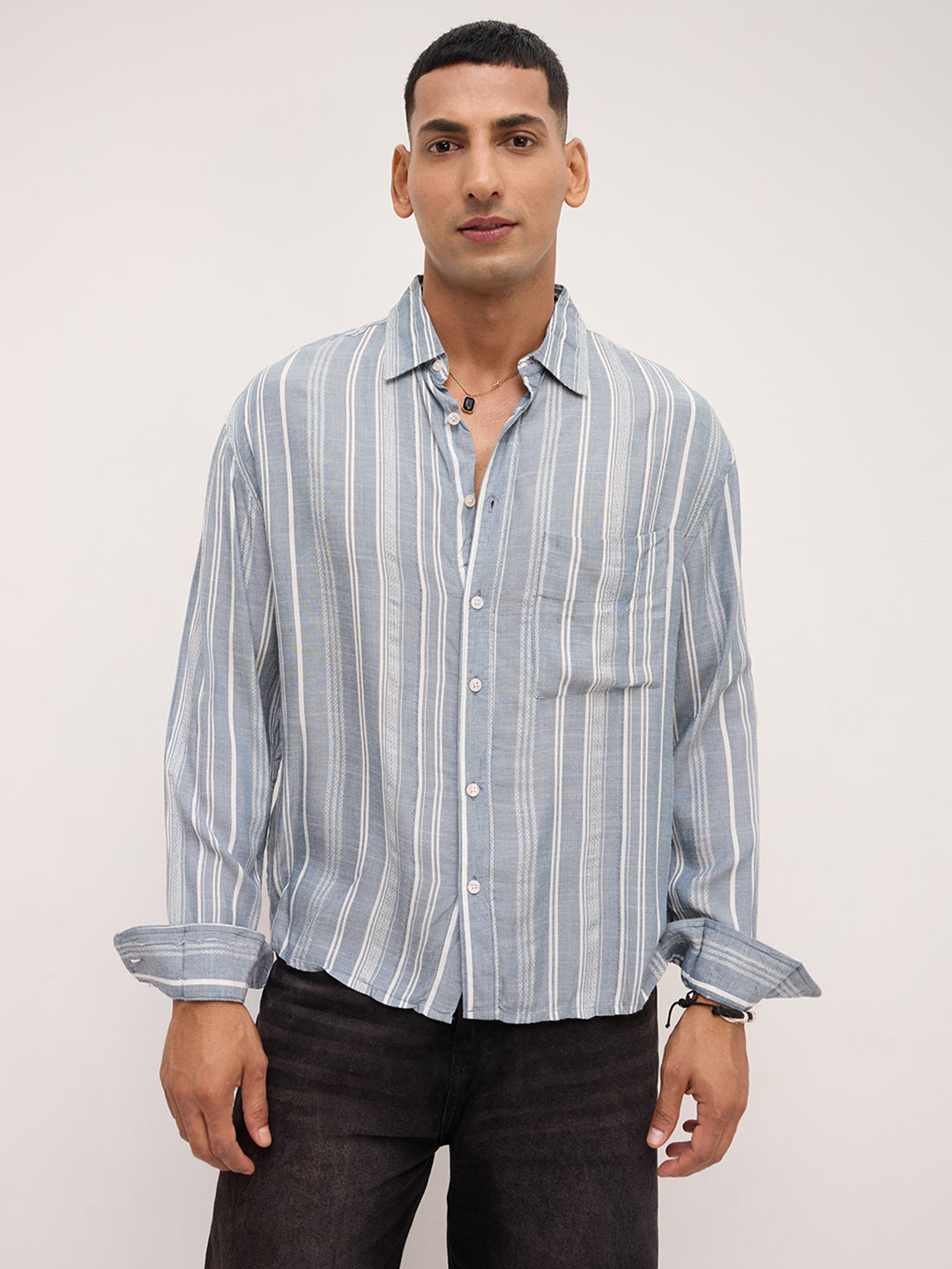 Plushy Grey Stripes Boxy Fit Crop Shirt