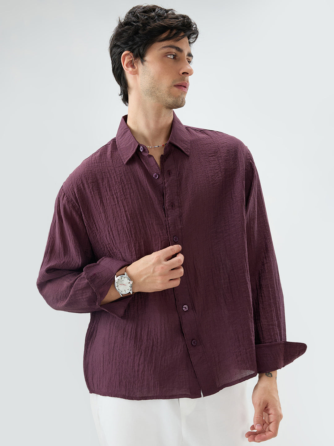 Solid Wine Sheer Crepe Boxy Fit Crop Shirt