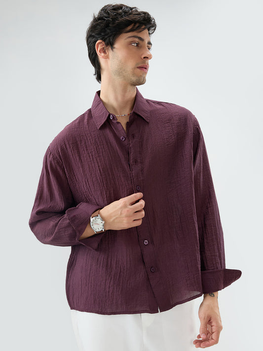 Solid Wine Sheer Crepe Boxy Fit Crop Shirt