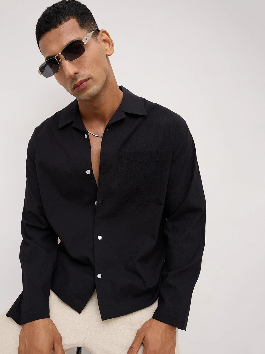 Luxe Black Fine Textured Notch Collar Oversized Shirt
