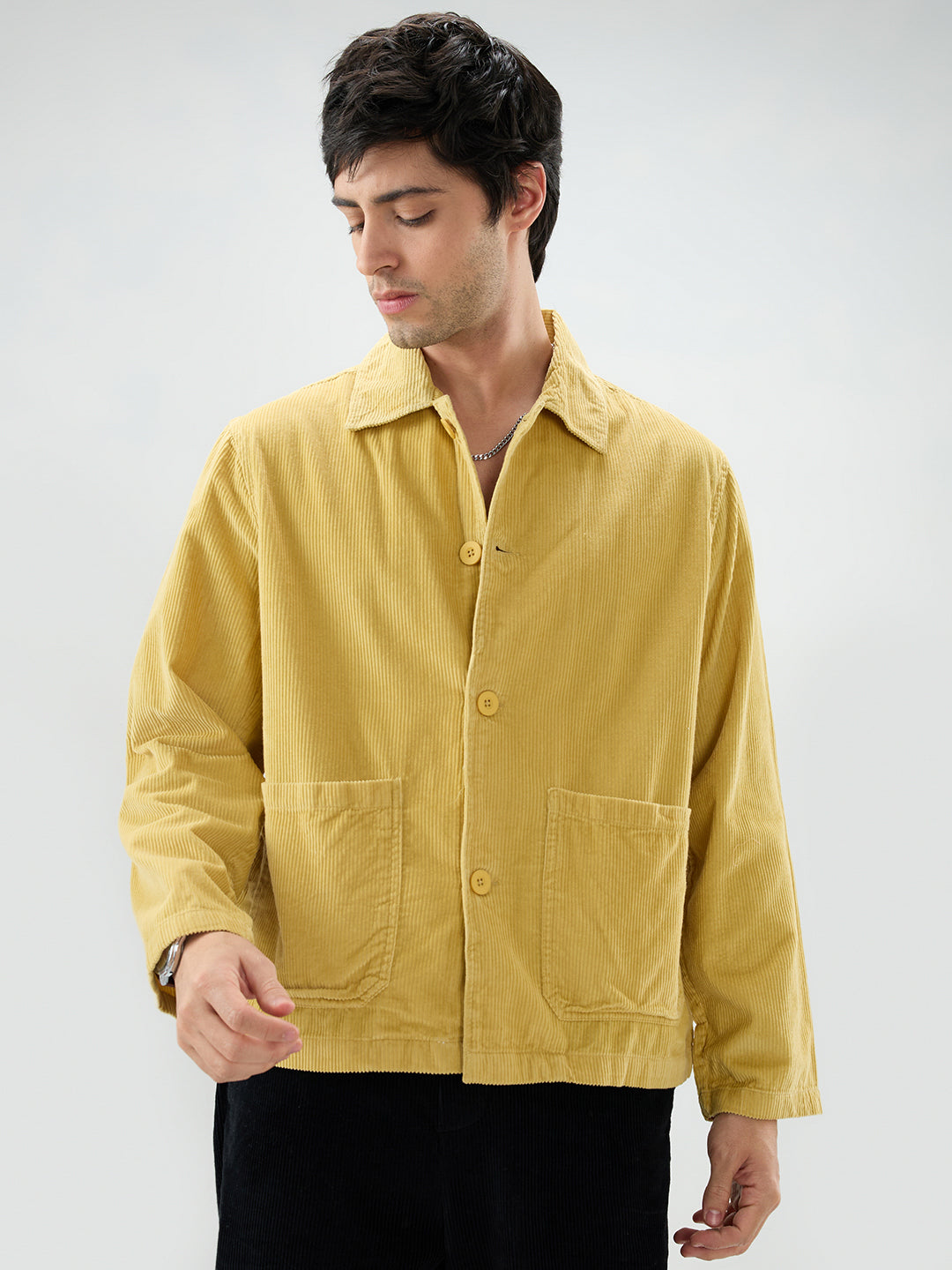 Sunmelt Mustard Corduroy Oversized Double Pocket Crop Shacket