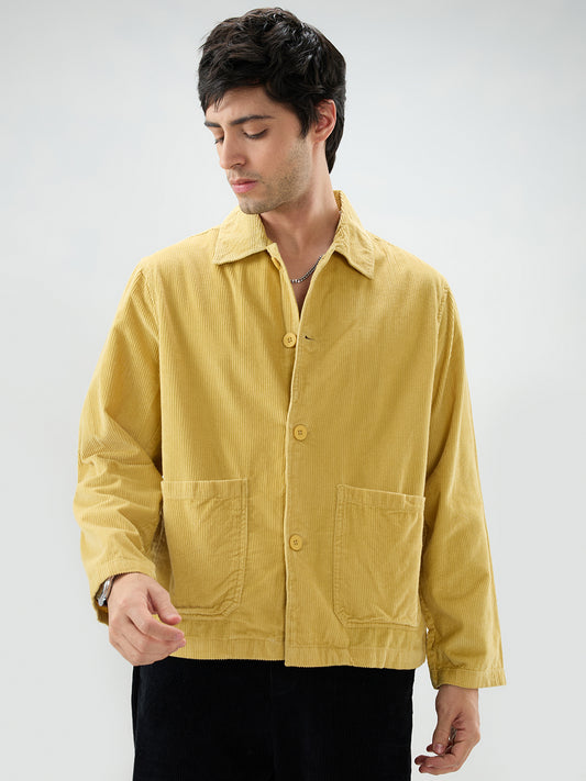 Sunmelt Mustard Corduroy Oversized Double Pocket Crop Shacket