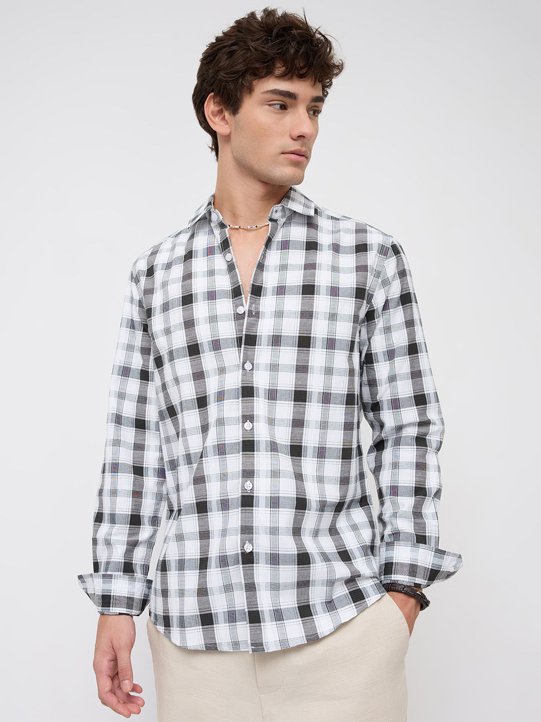 Premium White & Grey Plaid Checks Textured Shirt