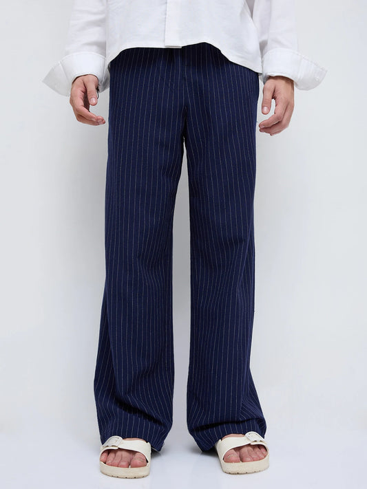 Navy Pinstripe Wide Leg Trousers