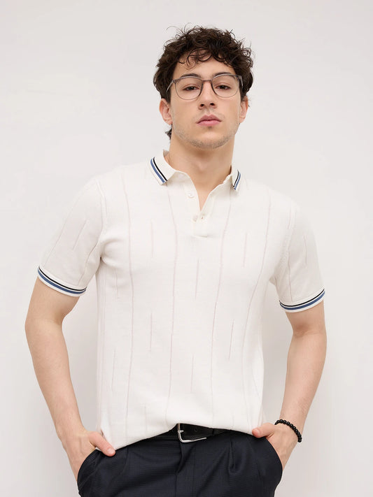 White Ribline Contrast Polo Flat Knit T-Shirt