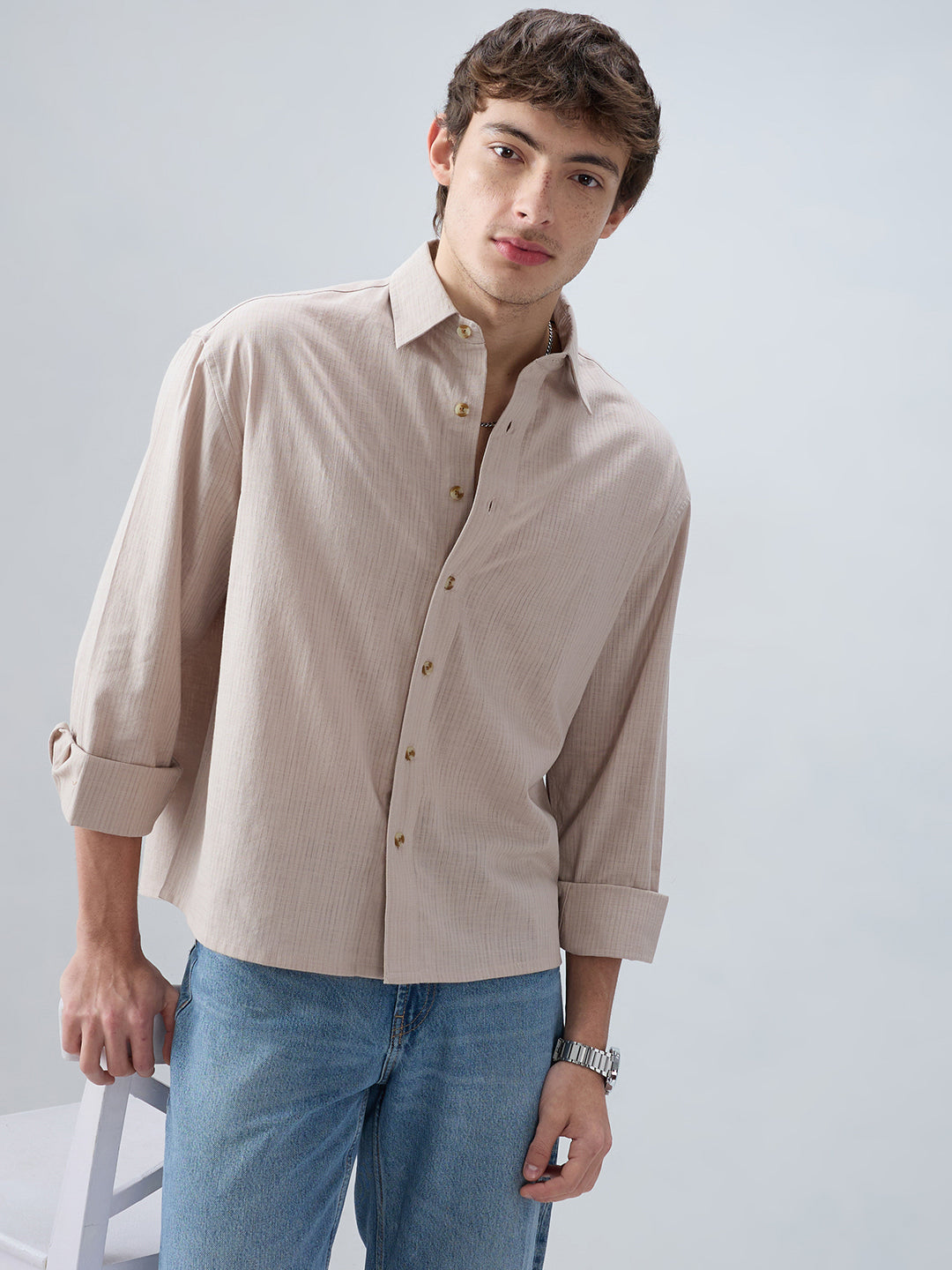 Neutral Beige Airy Slub Textured Boxy Fit Crop Shirt